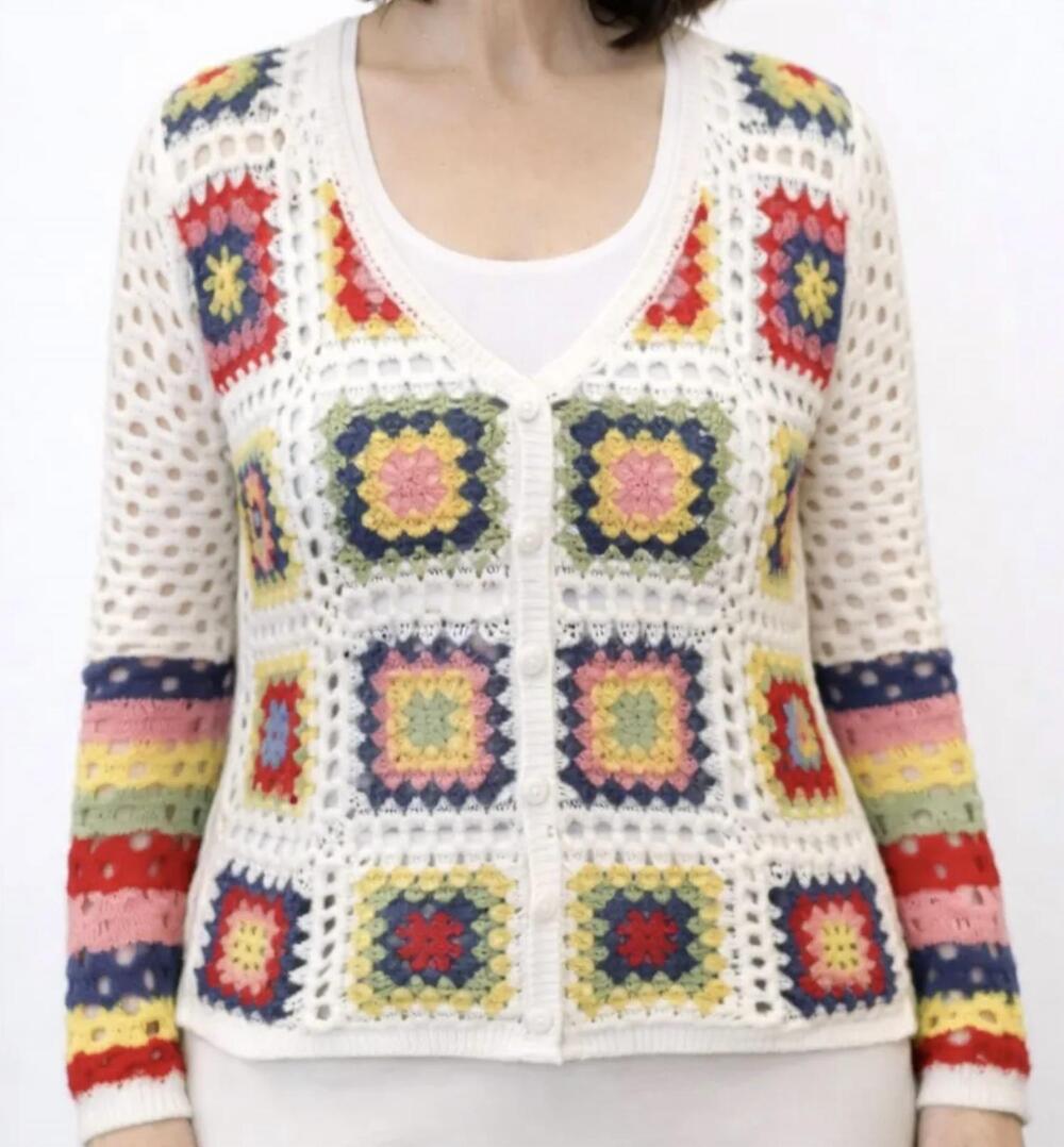 NEW PINE APPAREL patchwork button front crochet cardigan in cream